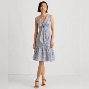 Lauren Ralph Lauren Women's Cream Blue Striped Front Tie Crepe Dress Size 4